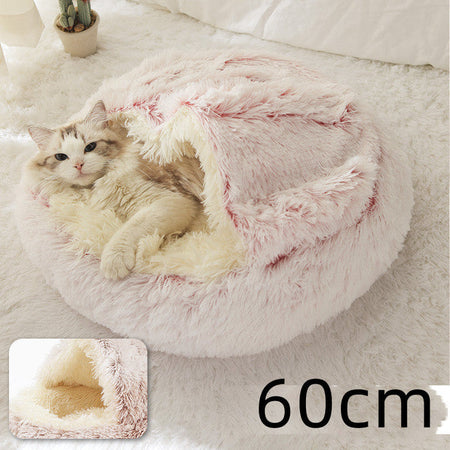 2 In 1 Pet Winter Bed Round Plush Warm Bed House Soft Long Plush